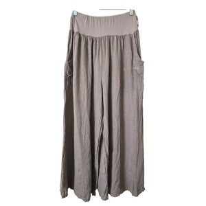 SAGA Womens Small Pants Taupe Brown 100% Linen Wide Leg Made in Italy Flowy